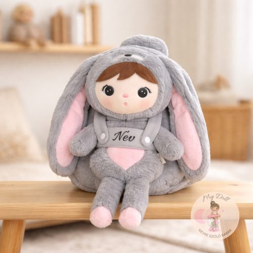 Névre szóló nyuszi hátizsák levehető babával (szürke) Baba és hátizsák, 2 az 1ben