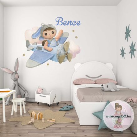 Falmatrica Mydoll fiú nyuszi repülőben XL (Névre szóló falmatrica)