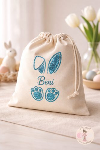Névre szóló húsvéti vászon zsák kék -nagy