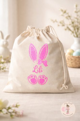 Névre szóló húsvéti vászon zsák rózsaszín -nagy