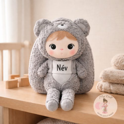 Névre szóló maci hátizsák levehető babával - szürke