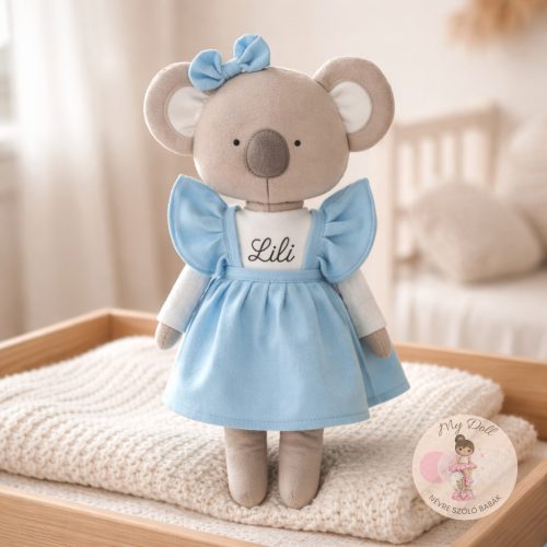 Névre szóló koala baba kék ruhában - 30 cm