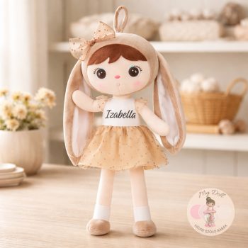   Névre szóló nyuszi baba masnival- elegáns bézs ruhában 