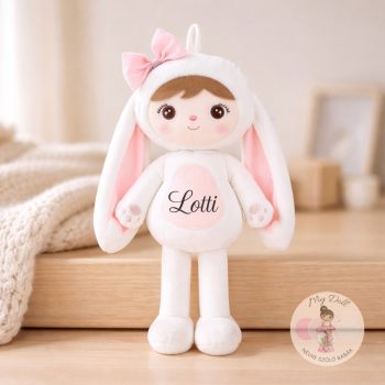   Névre szóló puha plüss nyuszi baba masnival (fehér mosolygós)