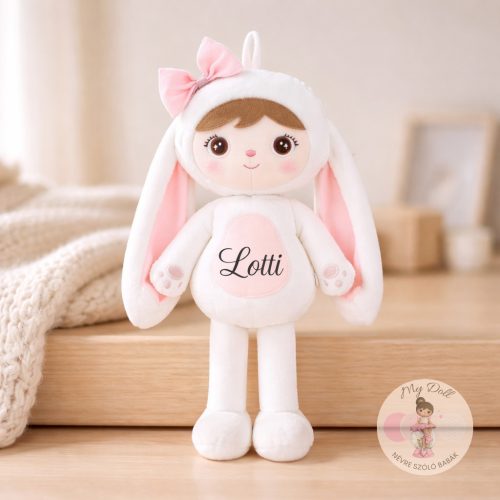 Névre szóló puha plüss nyuszi baba masnival (fehér mosolygós)