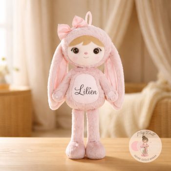   Névre szóló puha plüss nyuszi baba masnival  (púderrózsaszín mosolygós)